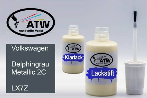 Volkswagen, Delphingrau Metallic 2C, LX7Z: 20ml Lackstift + 20ml Klarlack - Set, von ATW Autoteile West.